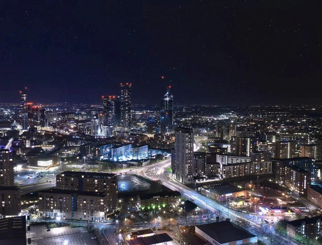 Archival Manchester skyline at night, not the upcoming fixture