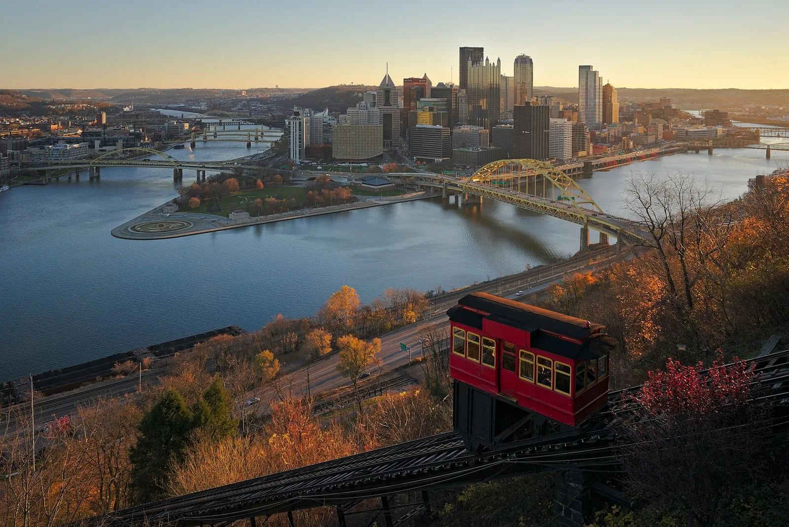 Archival Pittsburgh skyline, rivers and bridges from the Duquesne Incline