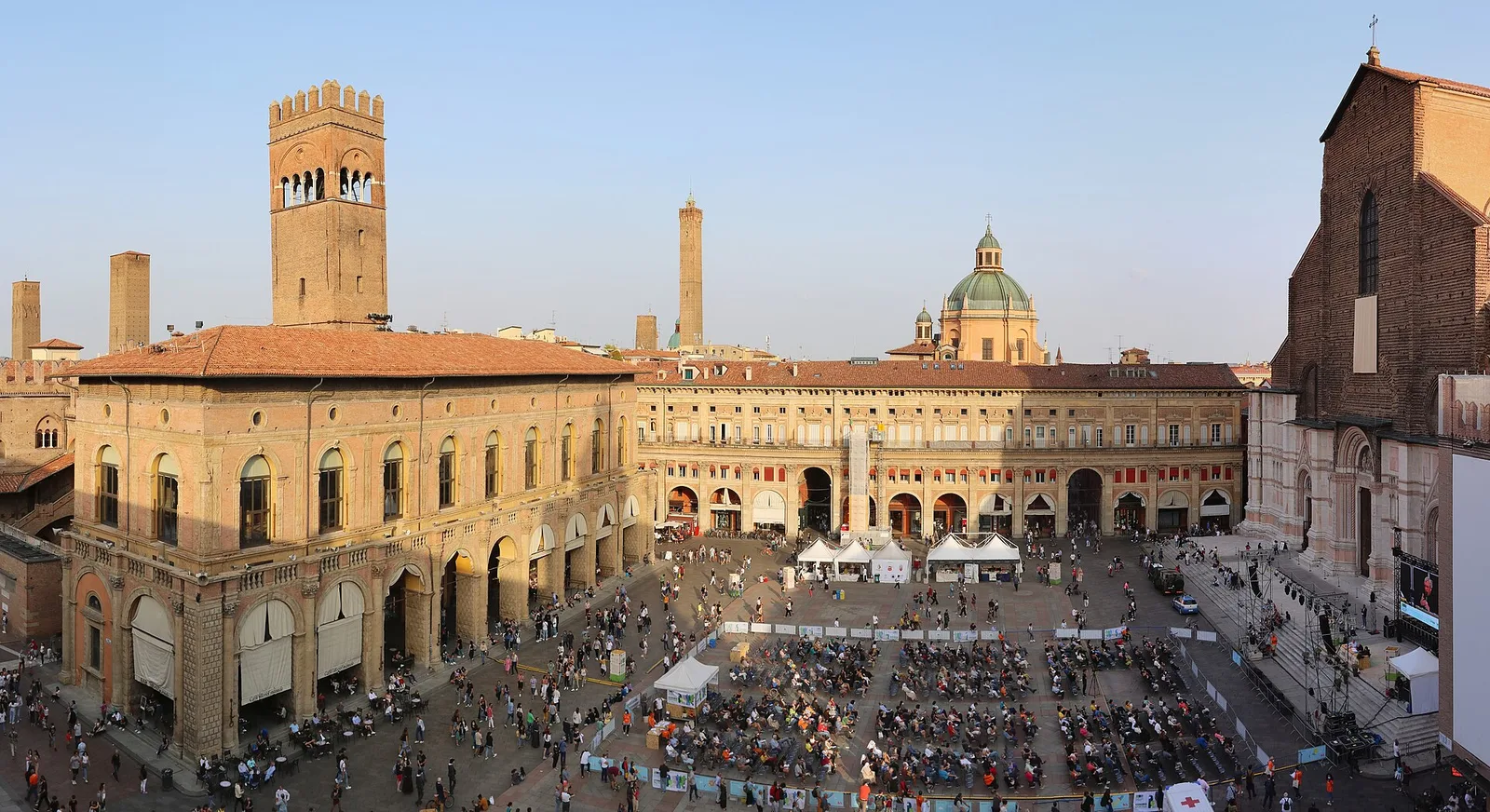 Piazza Maggiore in Bologna viewed from Palazzo Comunale, used as archival city atmosphere