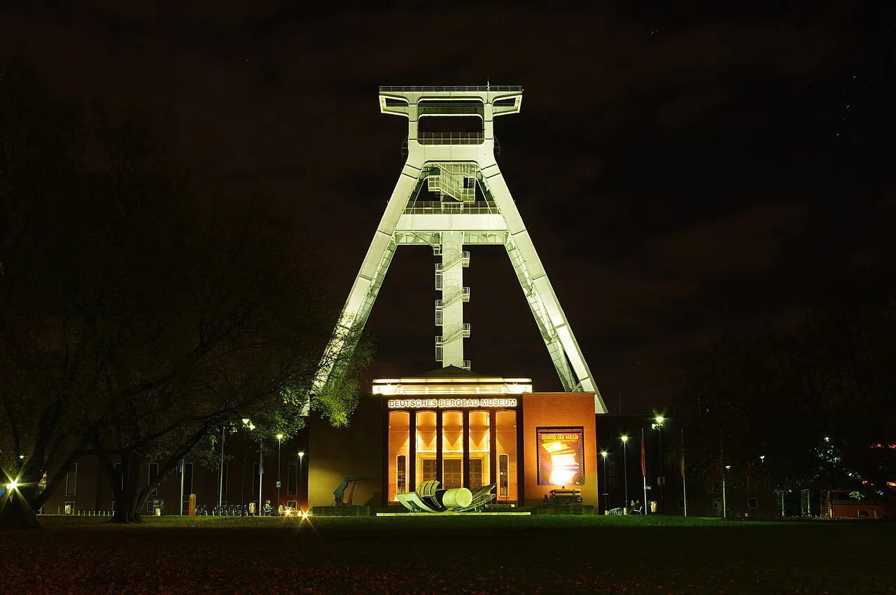 Archival German Mining Museum landmark illuminated at night in Bochum, Germany