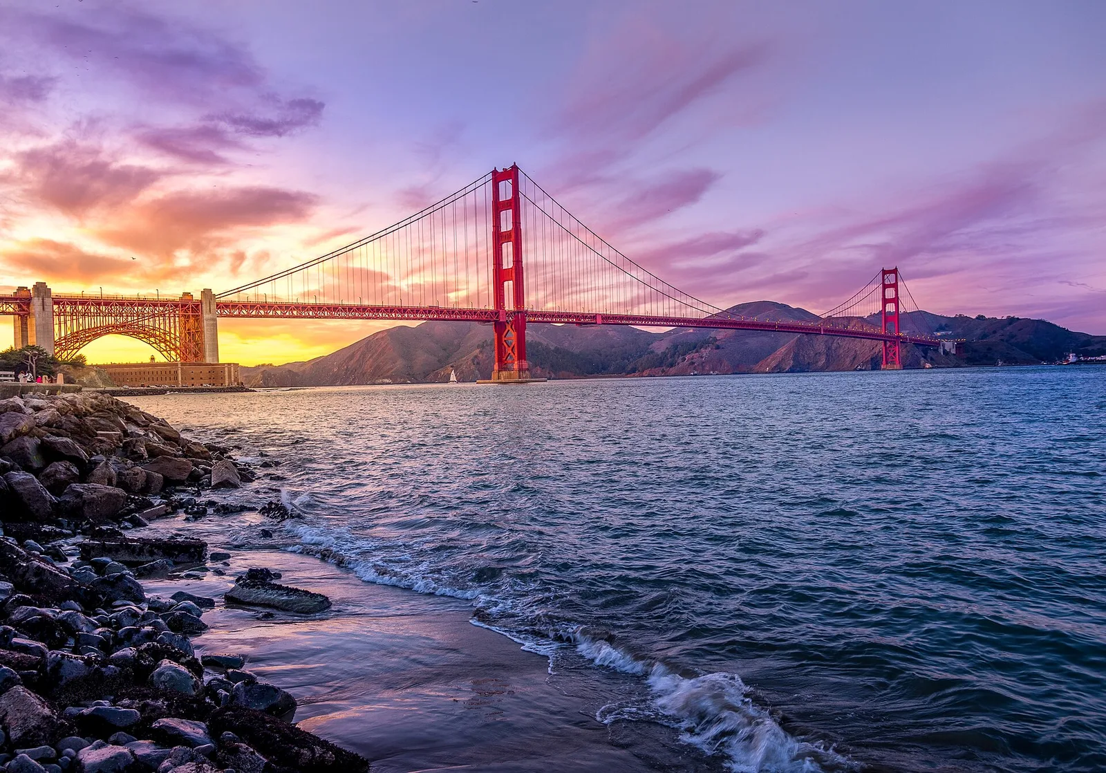 Archival Golden Gate Bridge from the San Francisco shoreline beneath a purple sunset