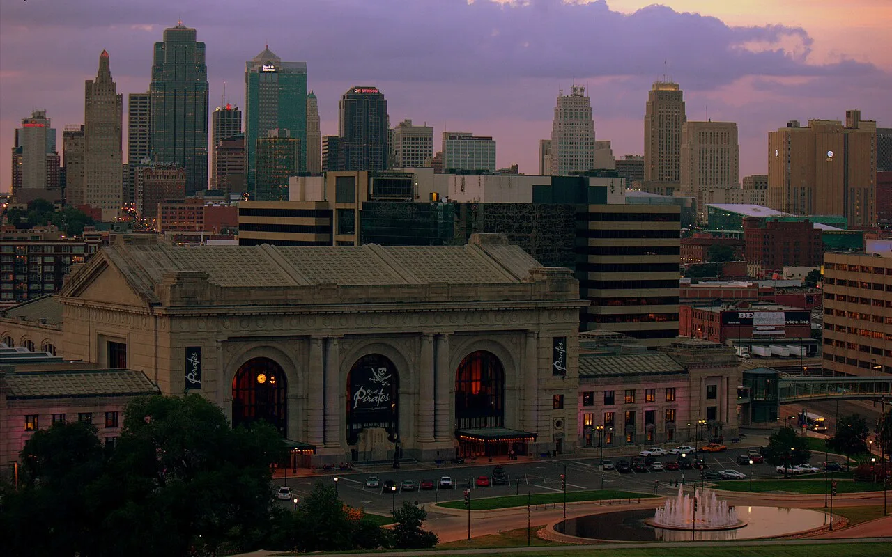 Archival Kansas City, Missouri skyline behind historic Union Station
