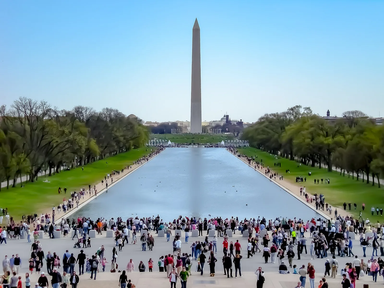 Archival daylight view of the Washington Monument across the Lincoln Memorial Reflecting Pool